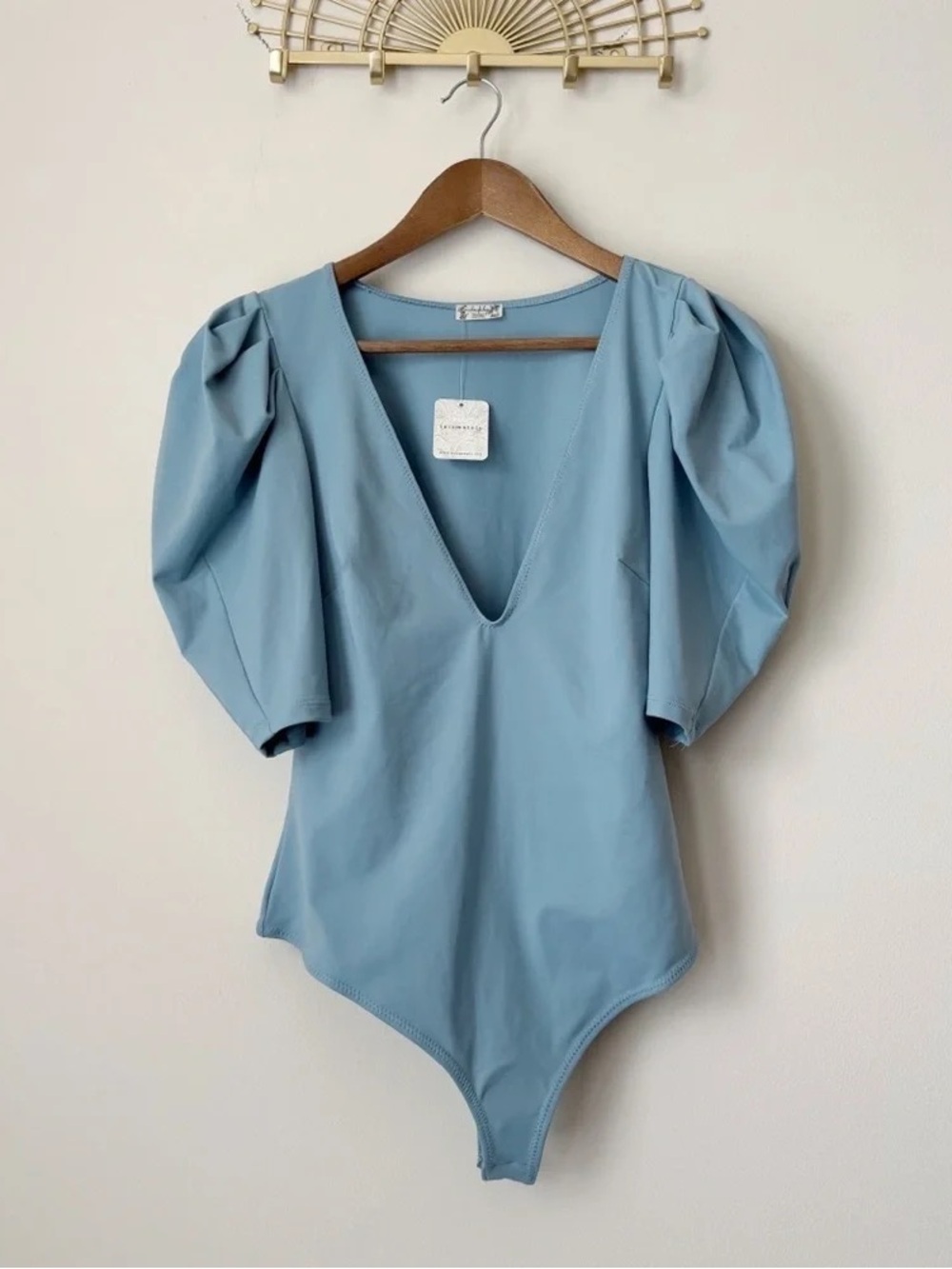 Blue Puff-Sleeve V-Neck Bodysuit